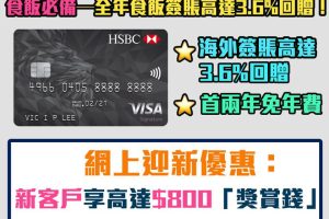 【HSBC Visa Signature信用卡】食飯卡！網上申請迎新高達$1,000獎賞錢（相等於10,000里）！ 免首2年年費