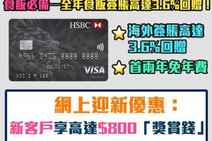 【HSBC Visa Signature信用卡】減年薪要求！食飯卡！網上申請迎新高達$1,000獎賞錢（相等於10,000里）！ 免首2年年費