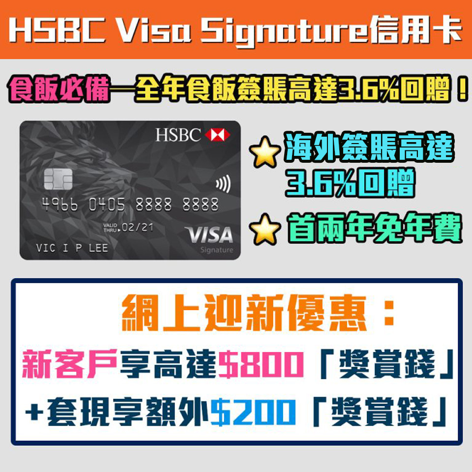 【HSBC Visa Signature信用卡】食飯卡！網上申請迎新高達$1,000獎賞錢（相等於10,000里）！ 免首2年年費