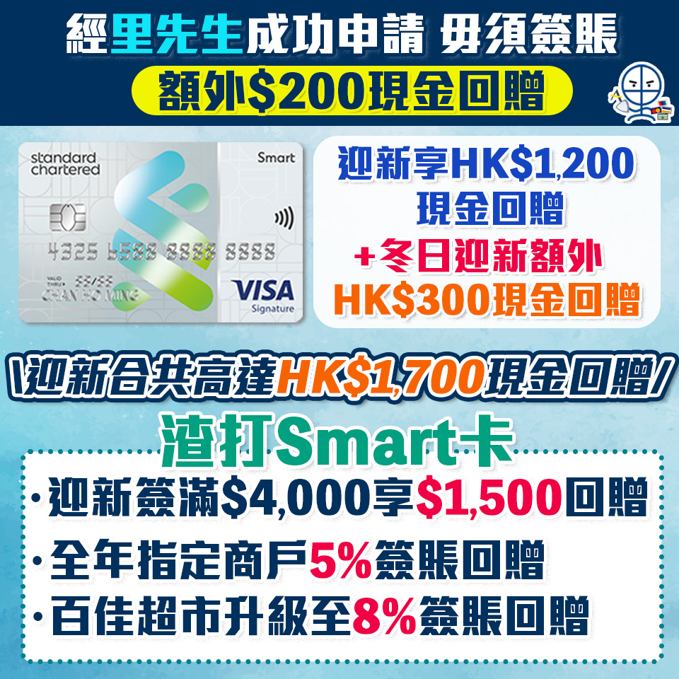 渣打Smart 卡 | 里先生額外HK$200現金回贈！8%百佳簽賬 迎新高達HK$1,700獎賞 永久免年費/迎新/獨家優惠一覽