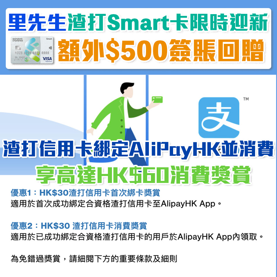 【渣打AliPay優惠】綁定渣打信用卡於AlipayHK App消費可享高達HK$60 AlipayHK禮券！