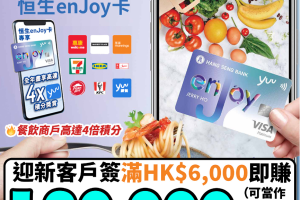 【恒生enJoy卡】迎新送額外HK$600獎賞！升級迎新獎賞總值高達HK$1,200！永久免年費！