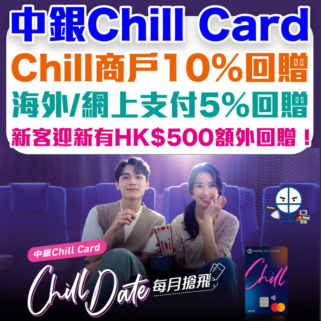 【中銀Chill Card】Chill商戶10%回贈 或 海外及網上簽賬享5%回贈！迎新賺HK$500！永久免年費！