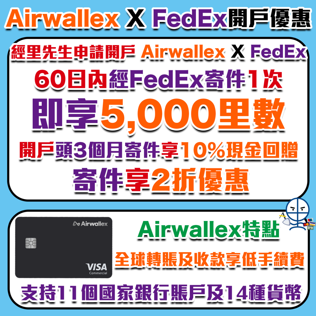 【Airwallex X FedEx開戶優惠】迎新送5,000里數！FedEx寄件高達2折優惠！全球轉賬及收款享低手續費，節省高達99%換匯和海外交易費！