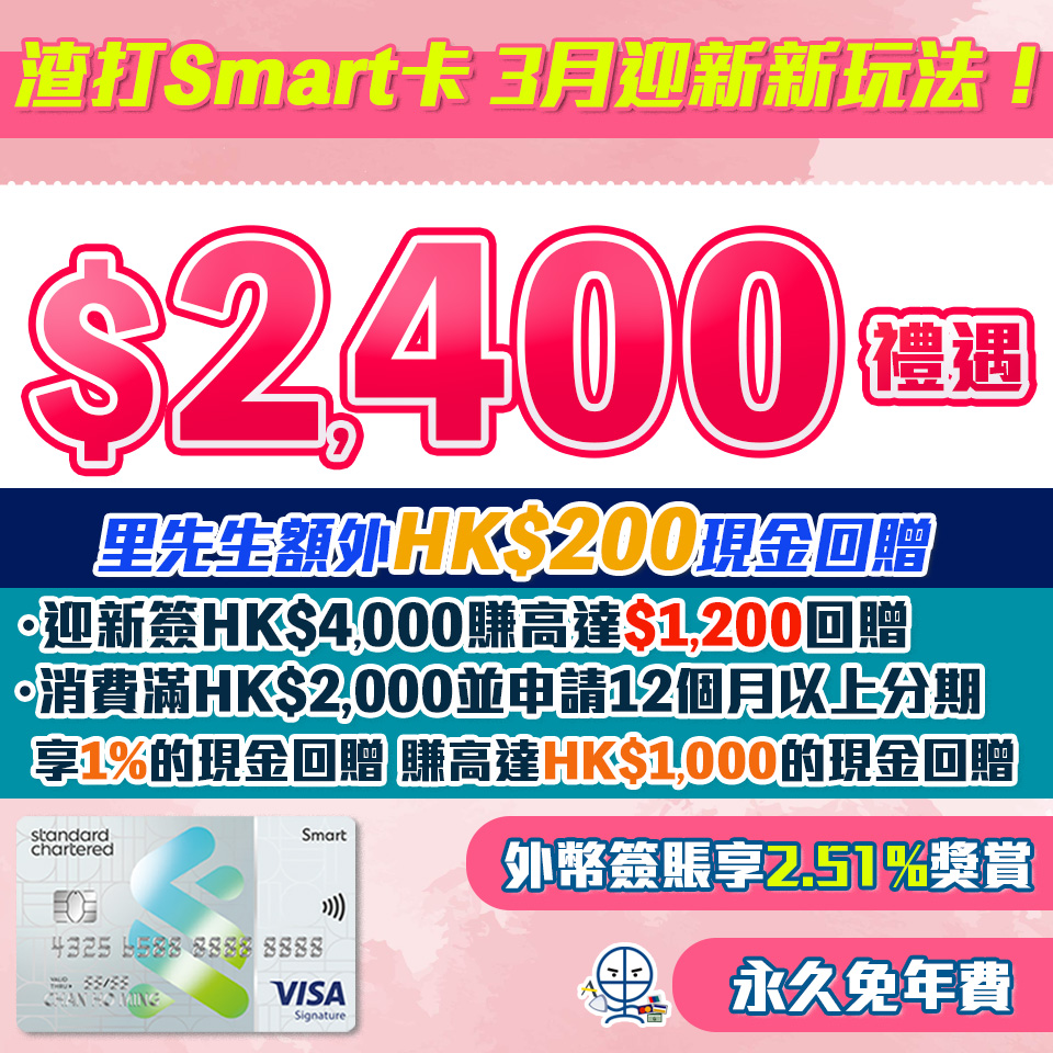 渣打Smart Card | 主打5%回贈商戶+外幣免手續費！迎新額外HK$200現金回贈！ 永久免年費/迎新/獨家優惠一覽