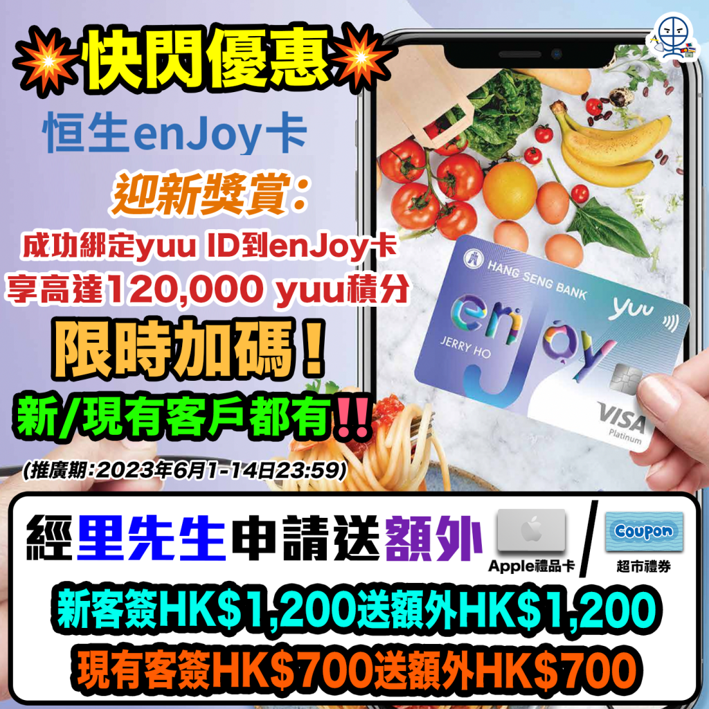 【恒生enJoy卡】迎新送額外高達HK$1,200獎賞！升級迎新獎賞總值高達HK$1,800！永久免年費！