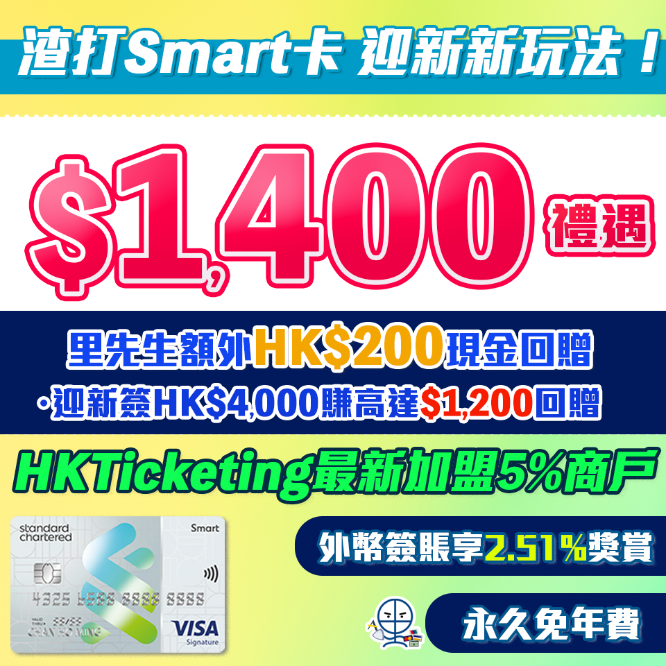 渣打Smart Card | 主打5%回贈商戶+外幣免手續費！迎新額外HK$200現金回贈！ 永久免年費/迎新/獨家優惠一覽