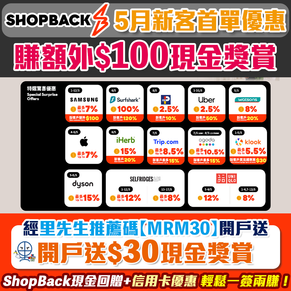 【ShopBack 5月優惠/開戶邀請碼/迎新】ShopBack新客戶完成首筆訂單賺額外$100現金獎賞！逢星期二於旅遊平台及指定日期購物亦有額外回贈！