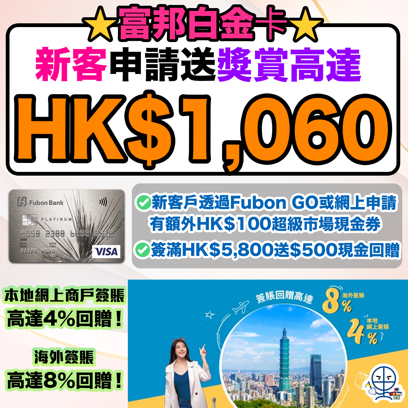 富邦白金卡】成功申請送高達HK$1,060獎賞！台灣簽賬8%回贈，日韓簽賬4%回贈！ | 里先生Mr. Miles