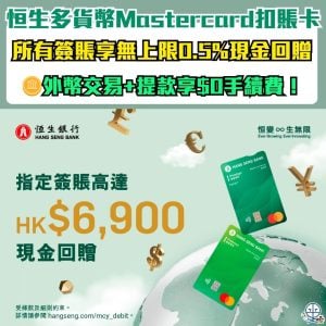【恒生多貨幣Mastercard扣賬卡】指定簽賬高達HK$6,900現金回贈！本地或海外碌卡享外幣交易+提款$0手續費！