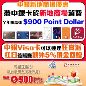 【中銀 新地商場優惠】中銀信用卡於新地商場簽賬 全年賺高達$900 Point Dollar！