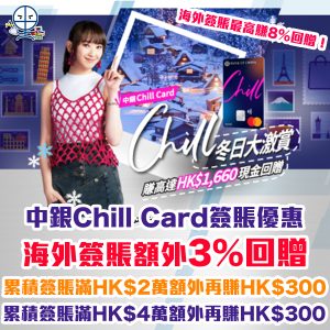 【中銀Chill Card 簽賬優惠】累積簽賬滿$5,000，海外實體簽賬賺額外3%現金回贈！連基本回贈可賺高達$1,660現金回贈！