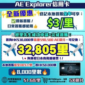 AE Explorer卡-Amex-信用卡-迎新-里數-回贈