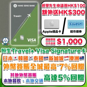 【恒生Travel+ Visa Signature卡】永久免年費！新舊客迎新額外送$300！合共迎新獎賞高達$1,000！外幣簽賬全城最高*7% +FUN Dollars/ 本地餐飲食飯 交通高達5% +FUN Dollars回贈 + 年薪要求低