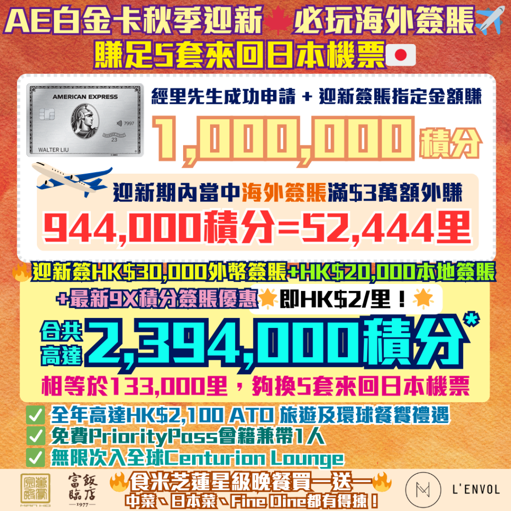 AE白金卡-迎新-獎賞-回贈-里數-AE積分