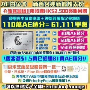 【AE白金卡(細頭)】年費$9,500食迎新賺🔥新客加碼110萬積分迎新+HK$2,500簽賬回贈！AE Platinum迎新/年薪要求2025