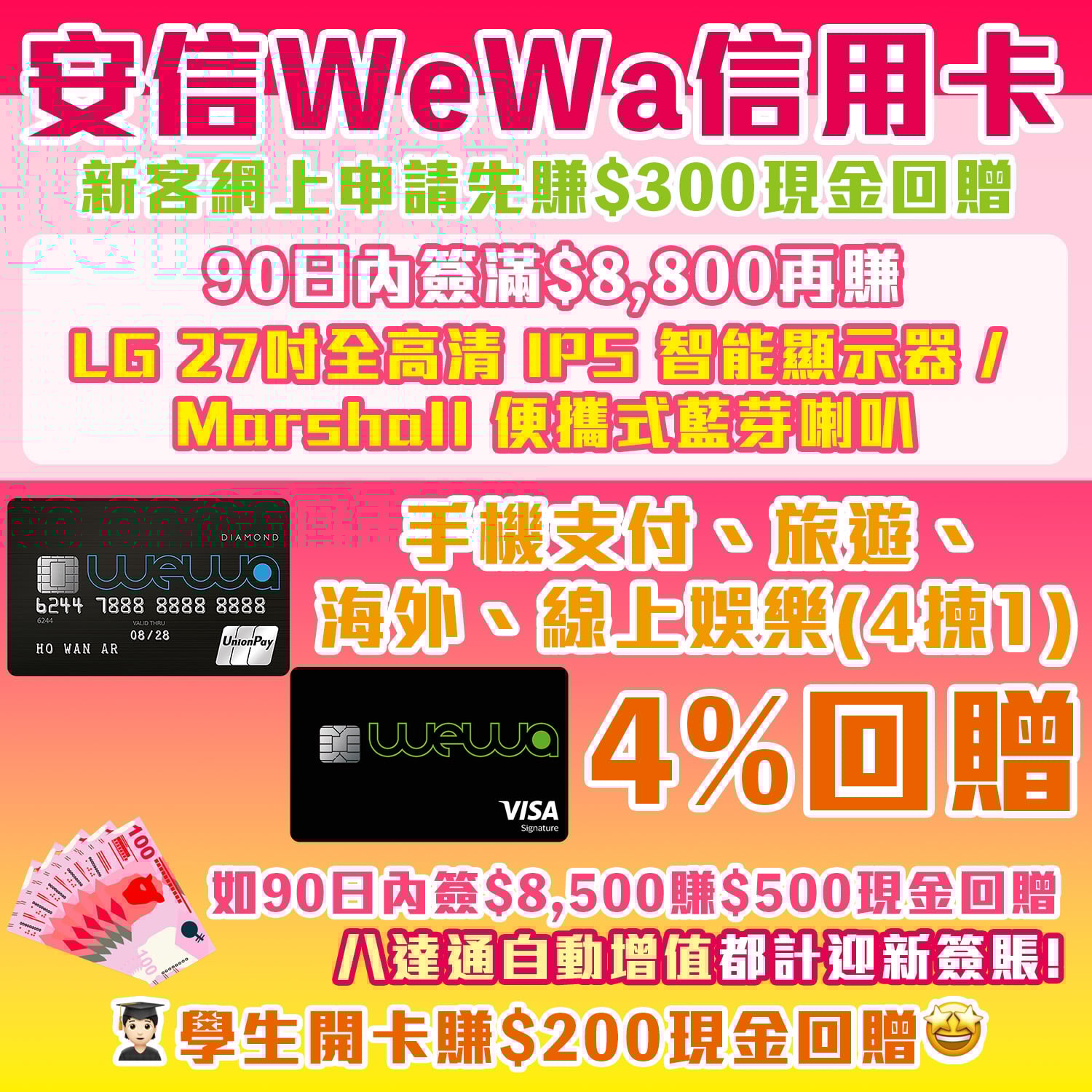 安信Wewa銀聯信用卡】Wewa Visa Card手機支付4%回贈！額外迎新$500現金回贈/LG 27吋顯示器/Marshall喇叭！學生都開得！  | 里先生Mr. Miles