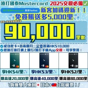 【渣打國泰Mastercard®】12月新客加碼5,000里！交稅迎新+基本里數賺高達90,000里數！現有信用卡客戶免簽賬賺5,000里！年薪只需HK$9.6萬！免首年年費！