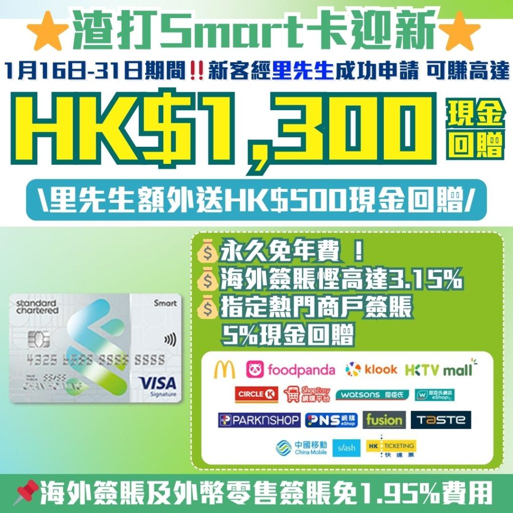 渣打Smart信用卡】迎新里先生額外$500現金回贈！主打5%回贈商戶+外幣免手續費！ 永久免年費/迎新/獨家優惠一覽2026 | 里先生Mr.  Miles