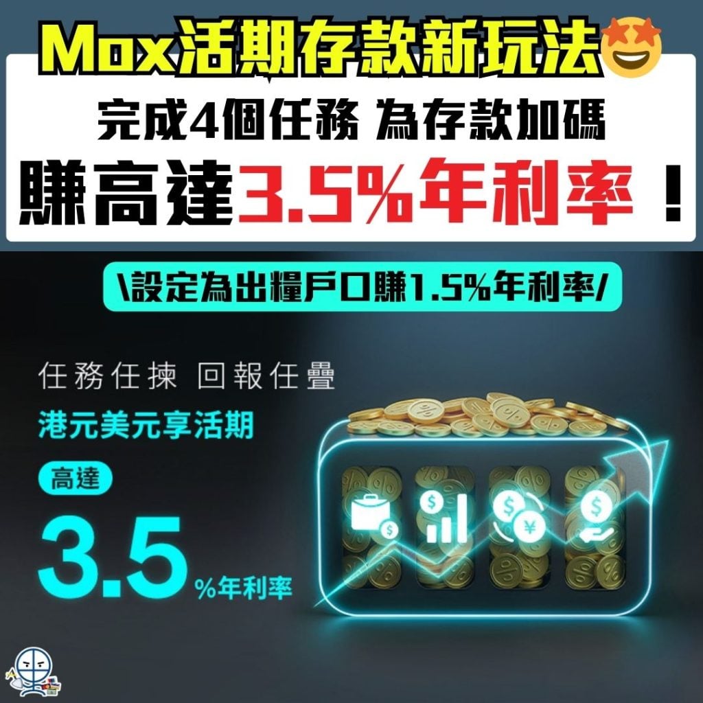Mox活期存款優惠 2026 Mox活期存款-賺高達3.5%年利率-活期息新玩法出糧戶口-年利率-港元-美元存款