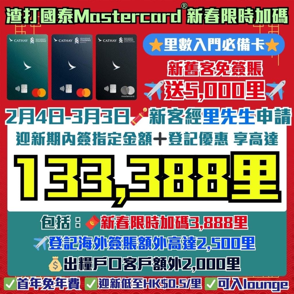 渣打國泰Mastercard2026年迎新優惠 2026 渣打-國泰Mastercard-里數-迎新-獎賞-Apple-gift-card-渣打信用卡-國泰lounge