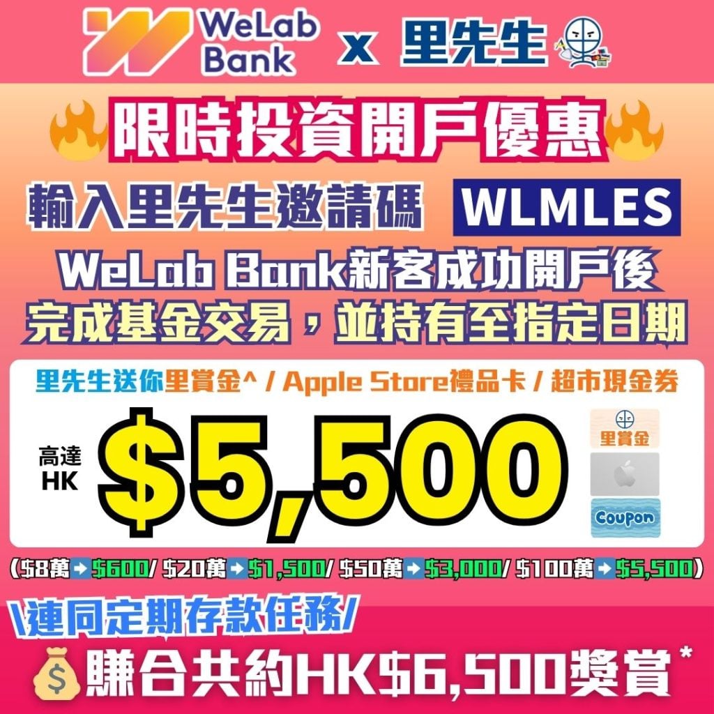 WeLab Bank投資開戶優惠 里先生優惠碼 Promo Code 2026 WeLab Bank投資開戶優惠-基金-貨幣市場基金-WeLab 閒智寶-GoSave 2.0 定期存款-現金獎賞