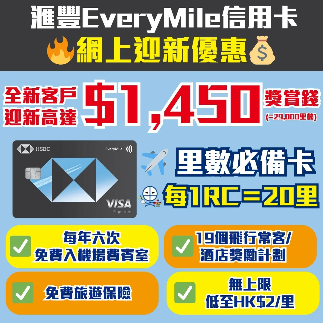 滙豐 HSBC Everymile 信用卡 迎新 年費 里數 獎賞錢 2026 滙豐 HSBC Everymile 信用卡 迎新 年費 里數 獎賞錢 2026