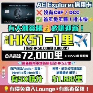 AE Explorer卡-Amex-信用卡-迎新-里數-回贈