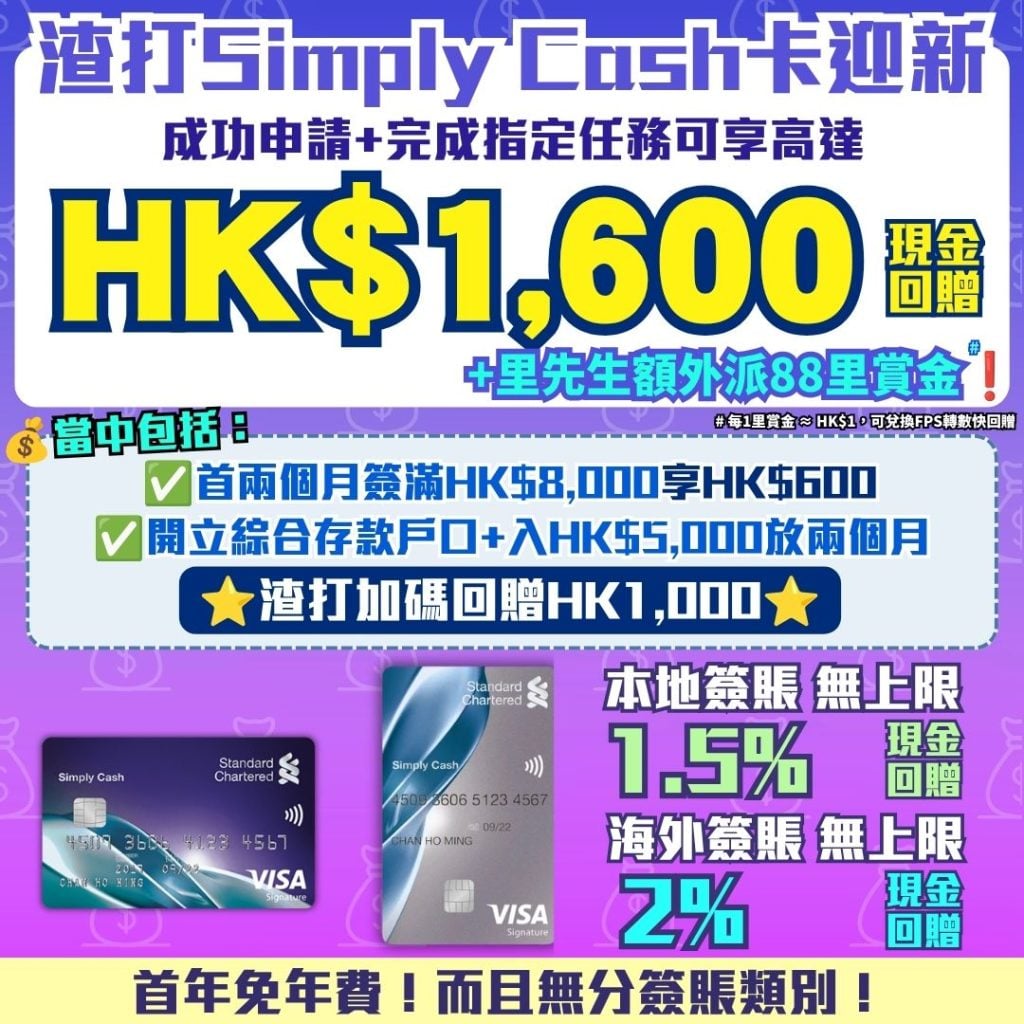 渣打-SimplyCash-Visa-現金回贈-信用卡-迎新
