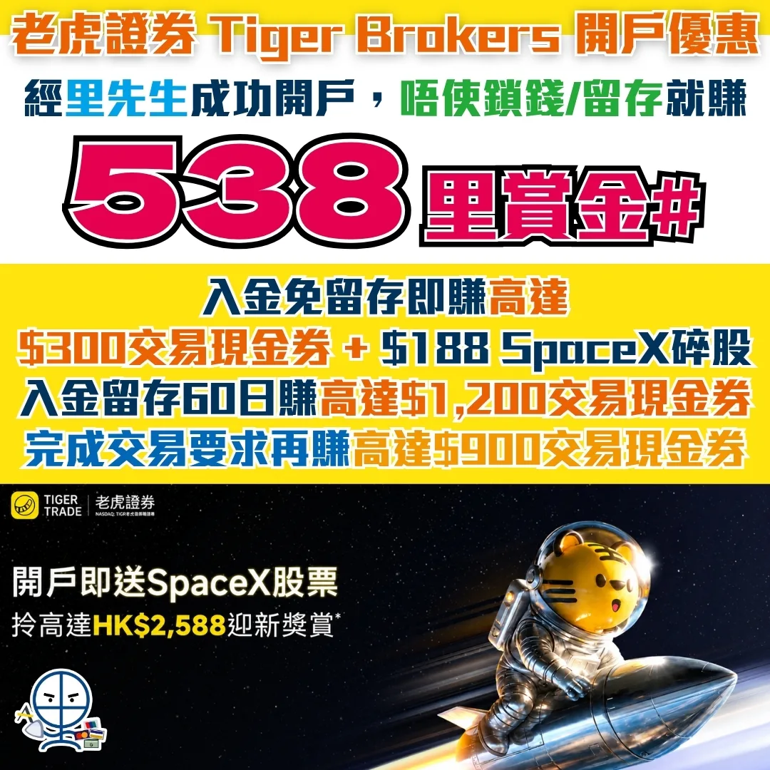 老虎證券 tiger brokers 6 2026 老虎證券Tiger Brokers 開戶優惠:無需交易!經里先生link(或於app輸入邀請碼「MRMILES」)開戶,里先生額外派538里賞金#+高達HK$2,588迎新獎賞!老虎證券交易佣金目前係市場中超低,仲可以低門檻投資美股碎股,最低USD1就可以買到!