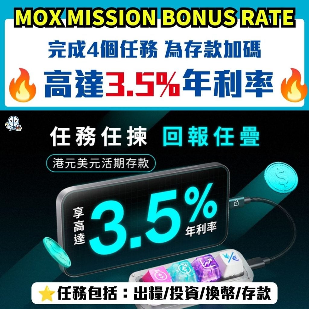 Mox Mission Bonus Rate 2026 Mox活期存款-賺高達3.5%年利率-活期息新玩法出糧戶口-年利率-港元-美元存款