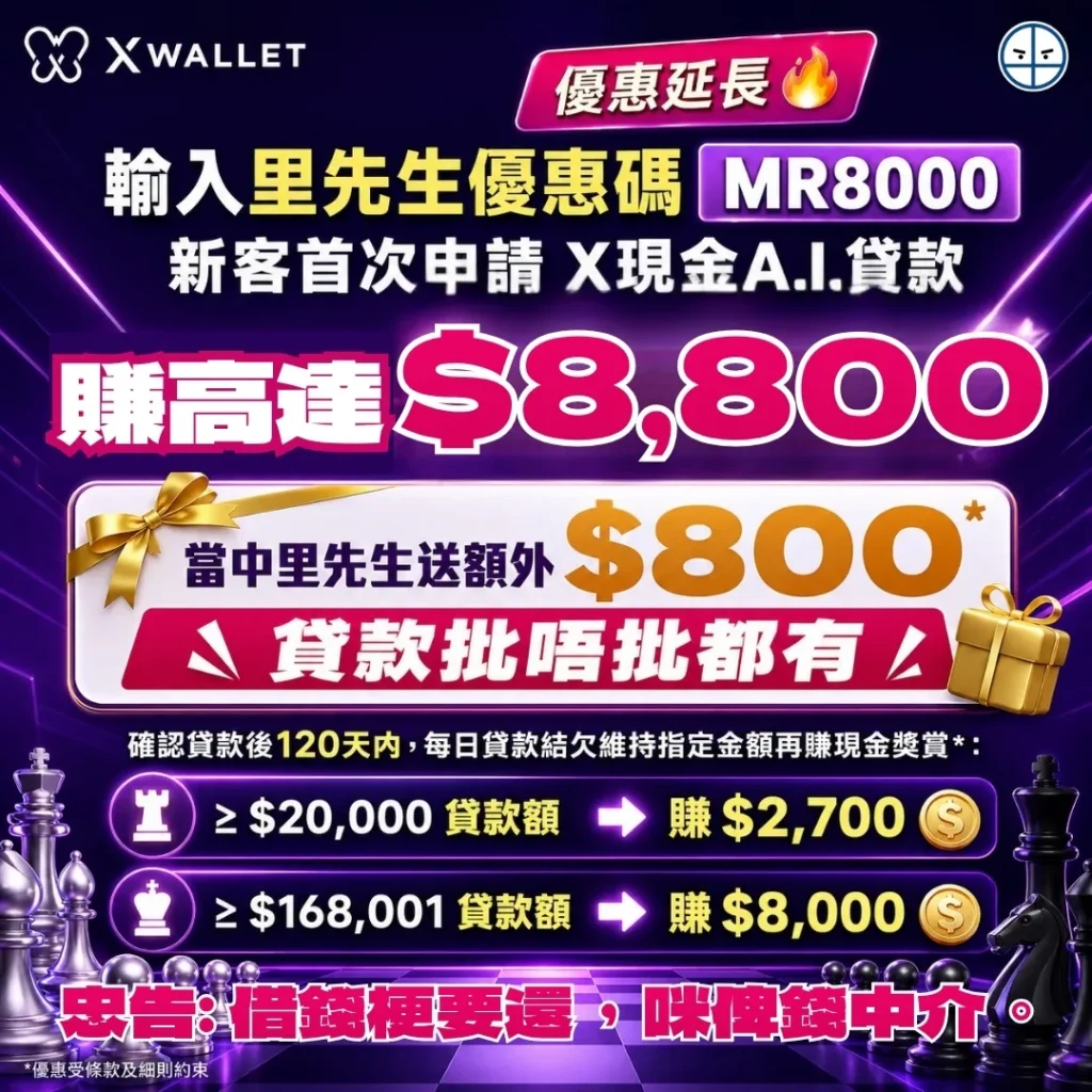 x wallet loan welcome offer 2026 X-Wallet貸款優惠:限時加碼!!!新客戶首次申請「X現金A.I.貸款」,賺高達HK$8,800獎賞!輸入里先生優惠碼「MR8000」里先生額外派800里賞金*,不論貸款批唔批都有!成功確認貸款合約後再送高達HK$8,000現金獎賞*!全自動化借貸體驗,由申請、簽約到過數全程用手機app就搞掂。