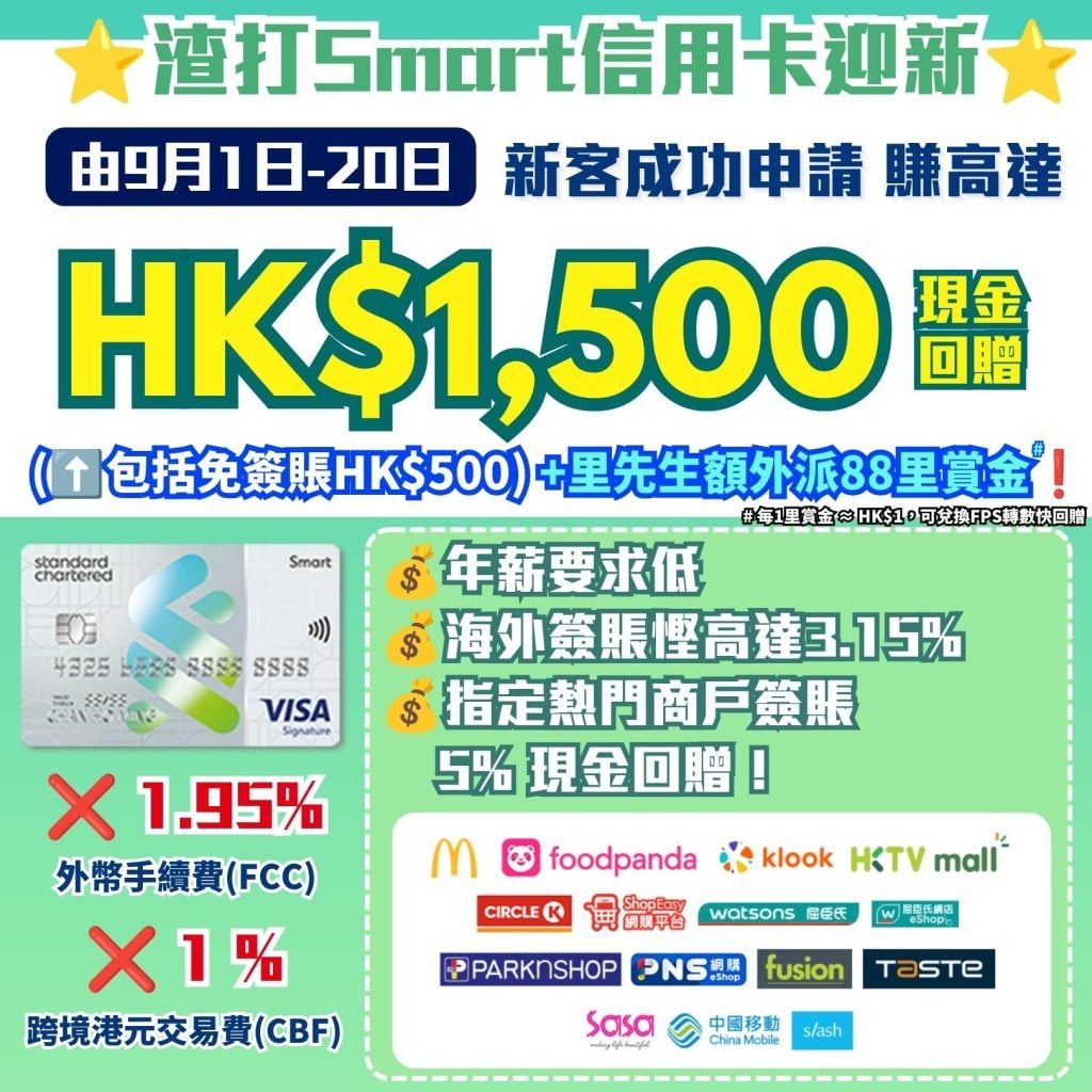 渣打Smart信用卡迎新 突發加碼 里先生額外現金回贈 2026 渣打Smart信用卡迎新-現金回贈-免外幣手續費